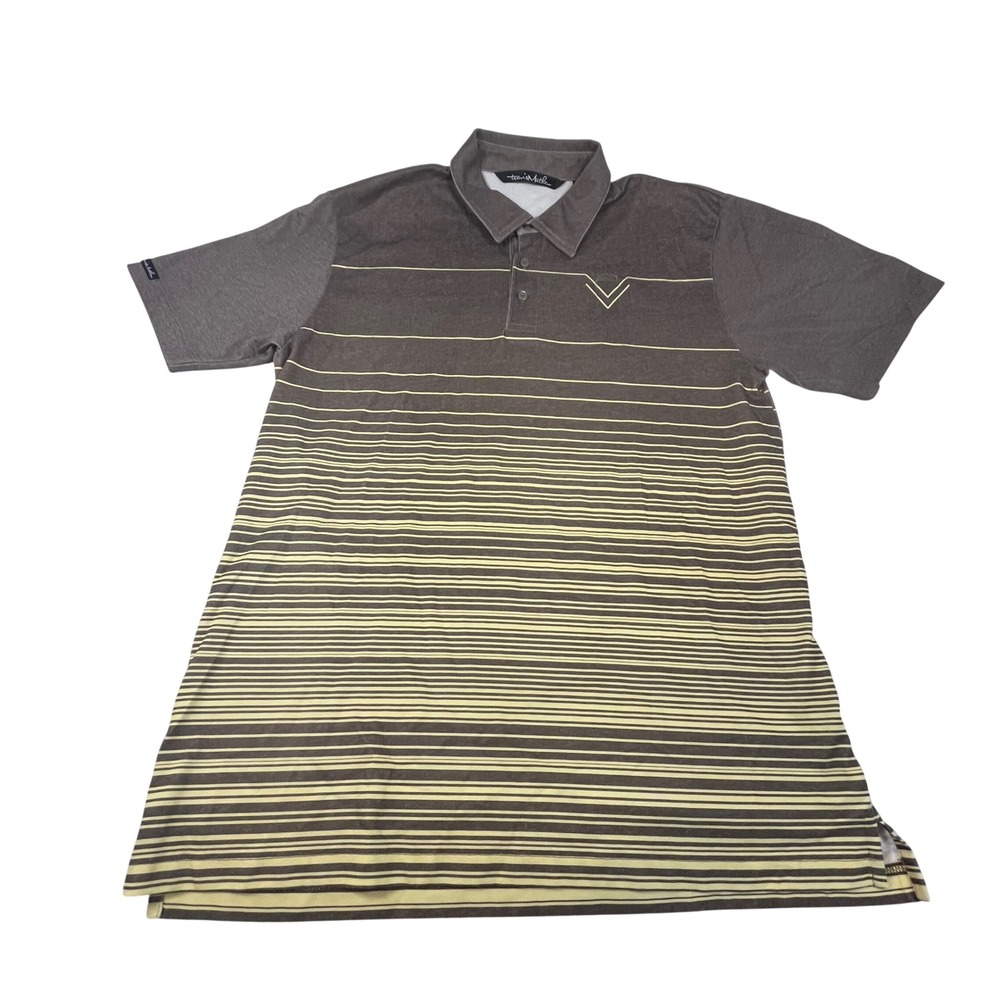 TravisMathew Mens Brown Yellow Striped Short Sleeve Golf Polo Shirt Size L